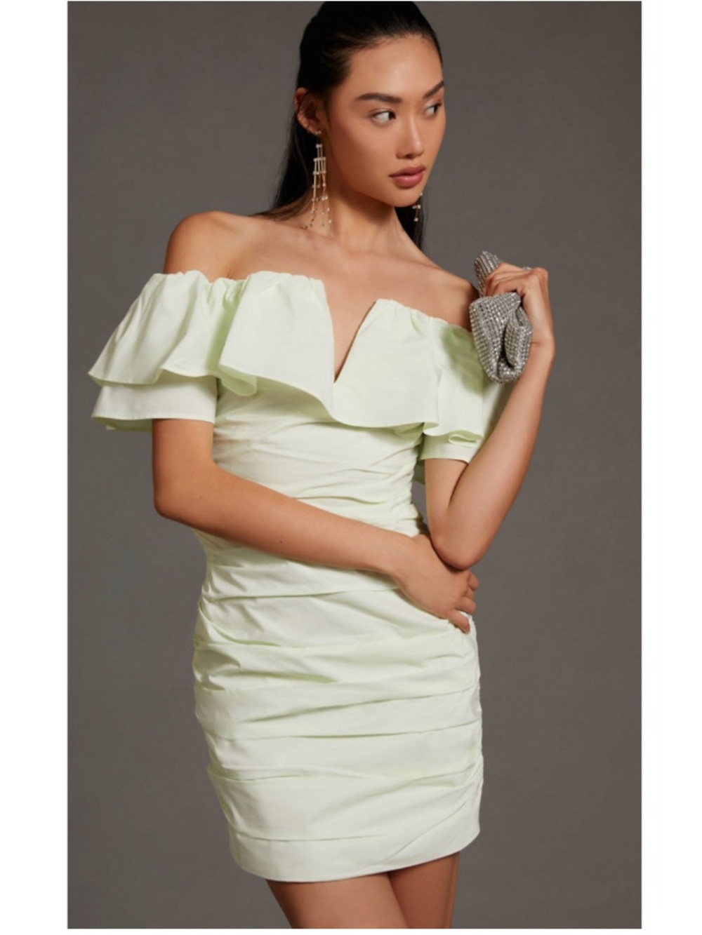 Anthropologie Maeve 80s Ruched V-Neck Off-the-Shoulder Poplin Mini Dress Mint 14